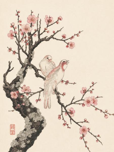 Blossom Tree with Two Birds