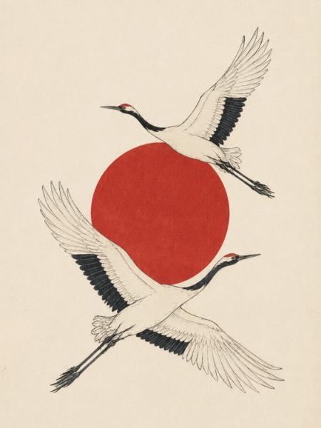 Twin Cranes and Red Sun