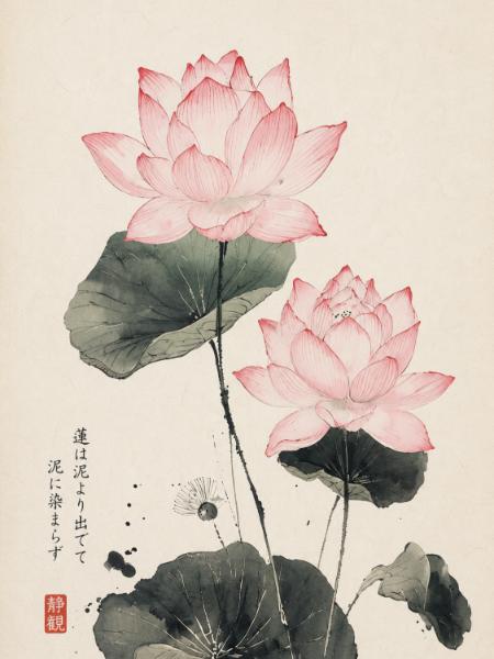 Pink Lotus and Calligraphy