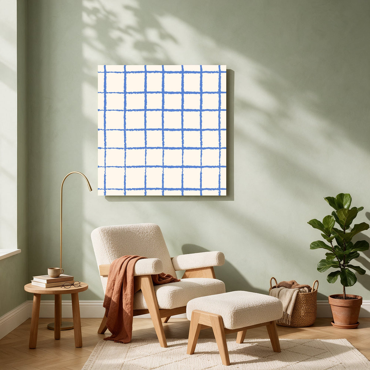 Blue Grid on Cream — Square living room