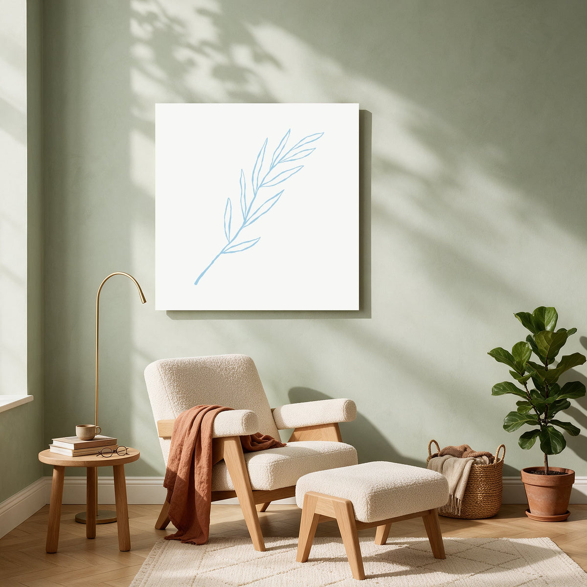 Pale Blue Leaf Line Art — Square living room