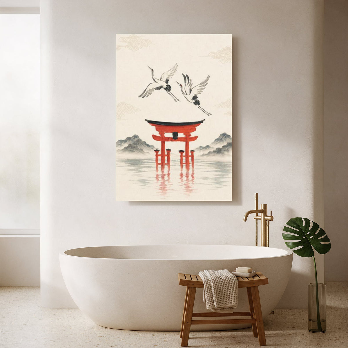 Cranes over the Floating Torii — Portrait Bathroom Final
