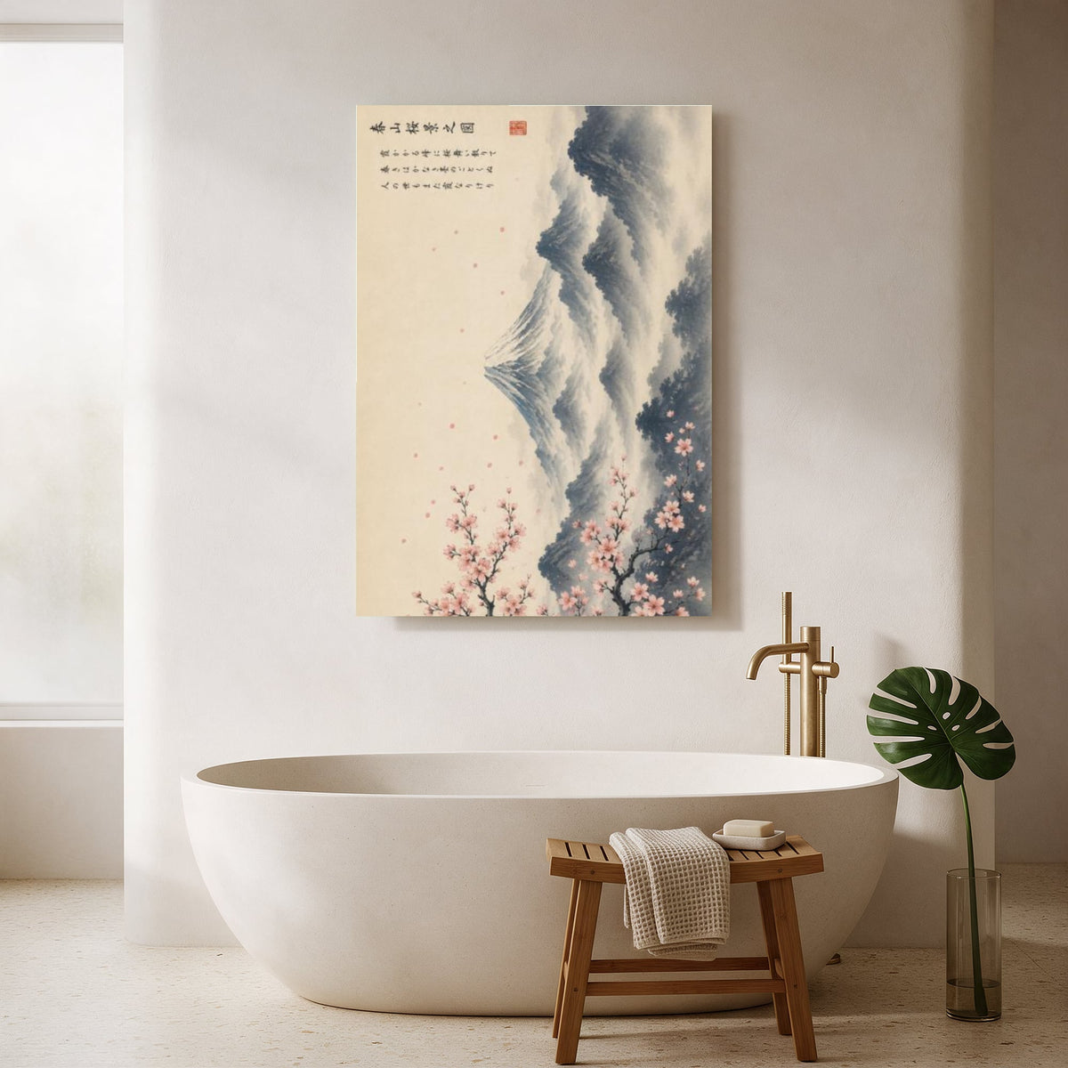 Ink Wash Fuji and Blossoms — Portrait Bathroom Final