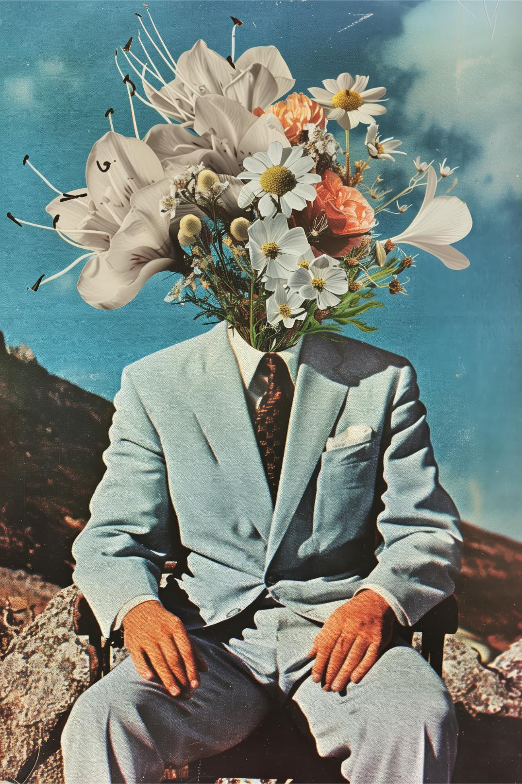 Surrealistisch portret met bloemenhoofd