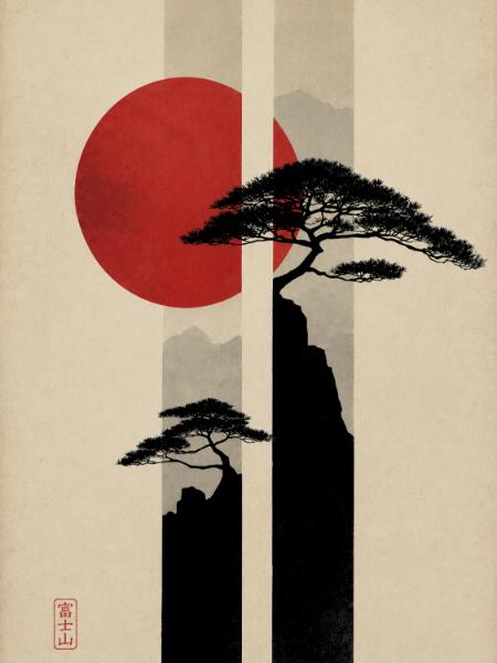 Pine Cliff and Red Sun