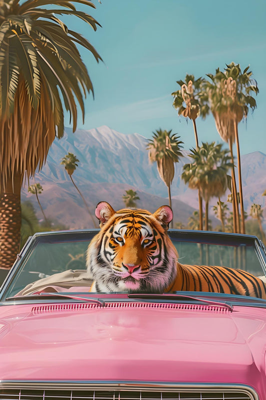 Tiger in a Pink Convertible