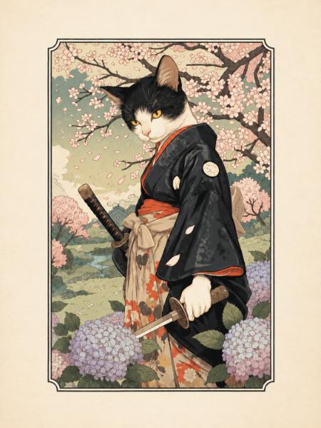 Cat Samurai in Hydrangeas