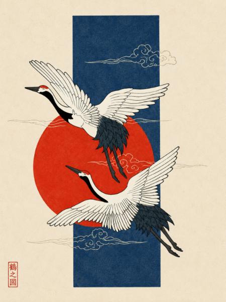 Cranes on Navy and Red Sun