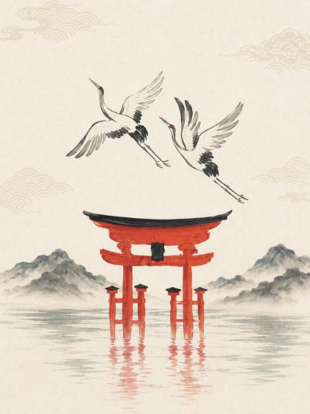 Cranes over the Floating Torii