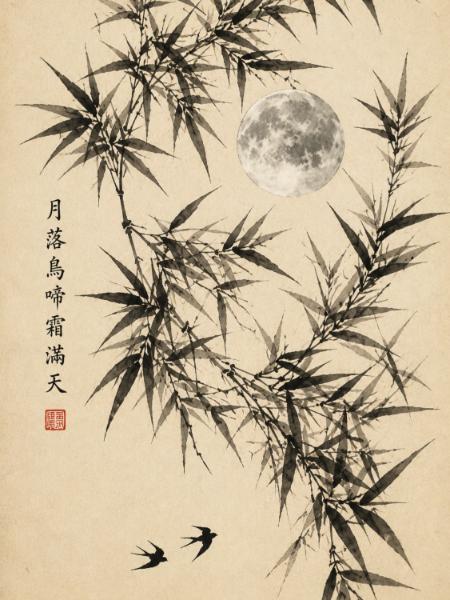 Bamboo Moonlight and Swallows