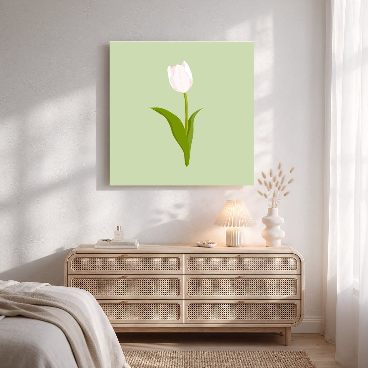 Pale Tulip on Sage — Square Bedroom