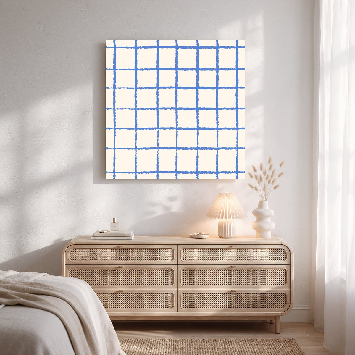 Blue Grid on Cream — Square Bedroom