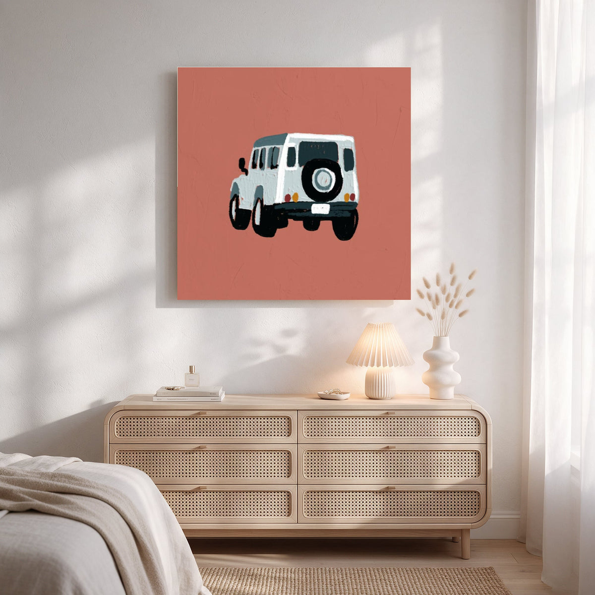 Retro Jeep on Terracotta — Square Bedroom