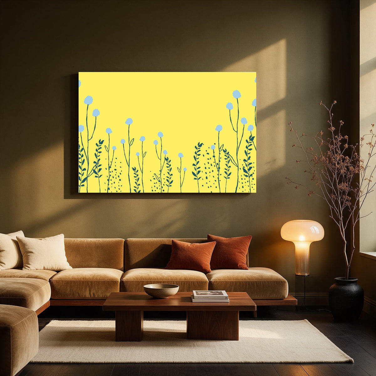Blue Blooms on Yellow — Living room Landscape
