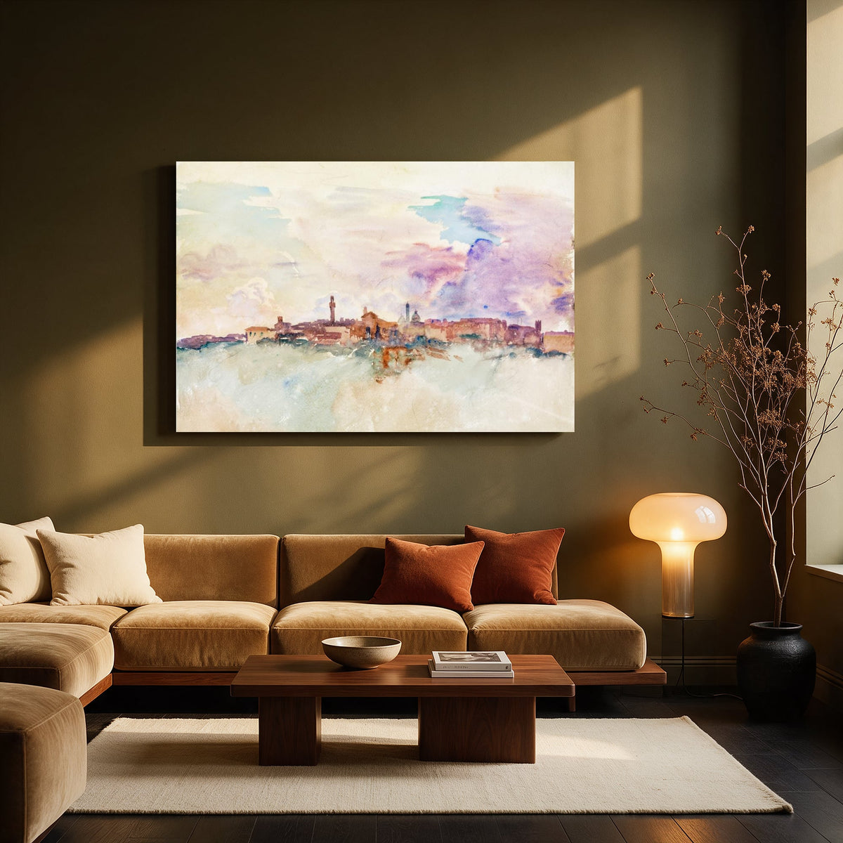 Watercolor Hill Town — Living room Landscape