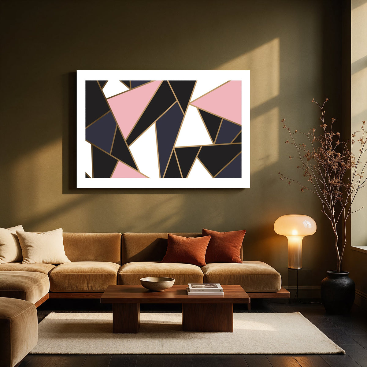 Pink and Navy Triangles — Living room Landscape
