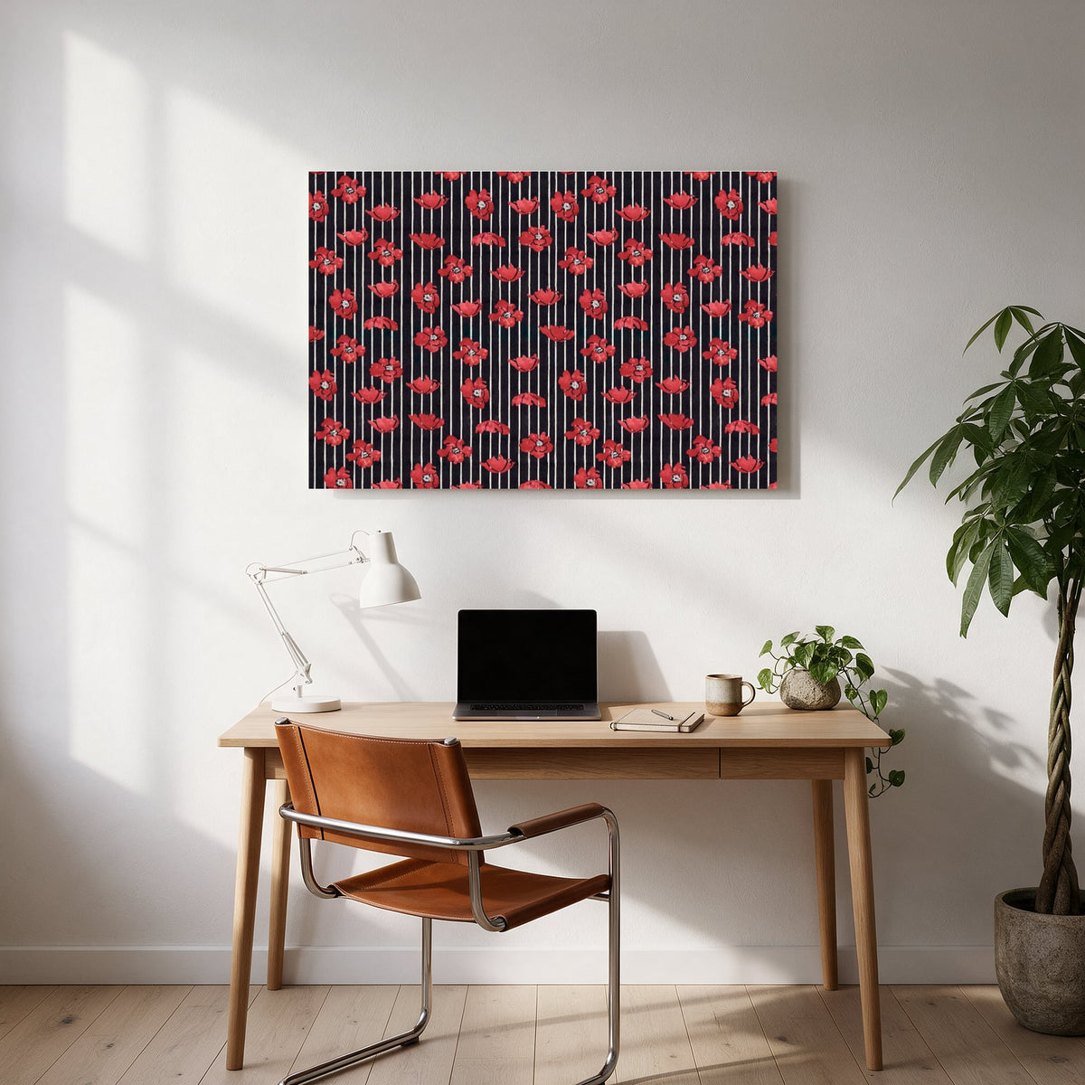 Red Poppies on Stripes — office room landscape
