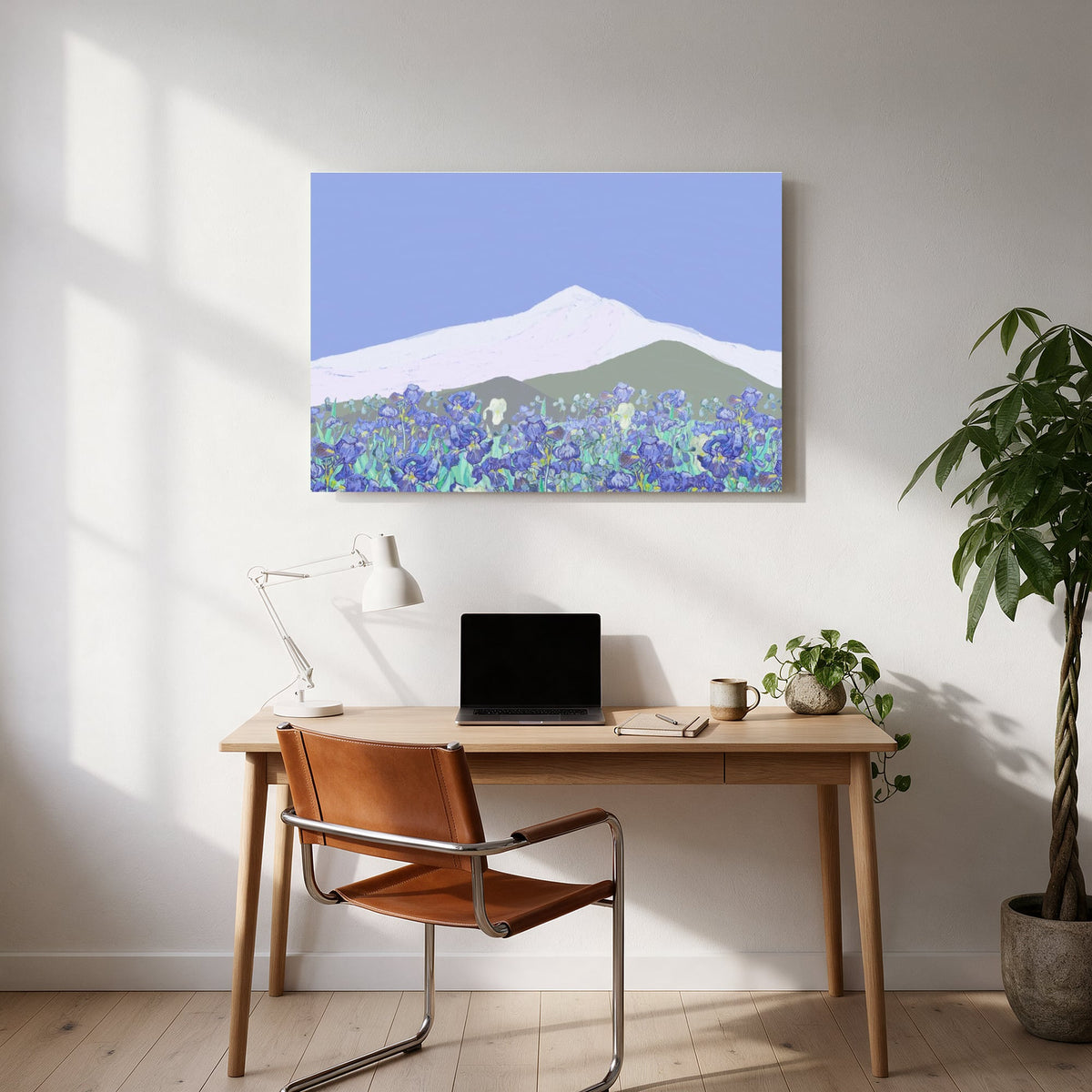 Iris Meadow and Snowy Peak — office room landscape