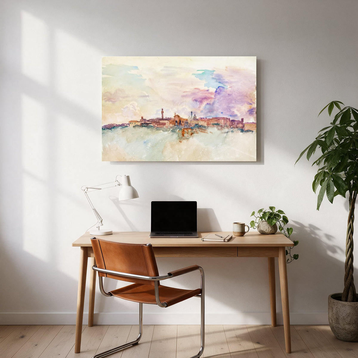 Watercolor Hill Town — office room landscape