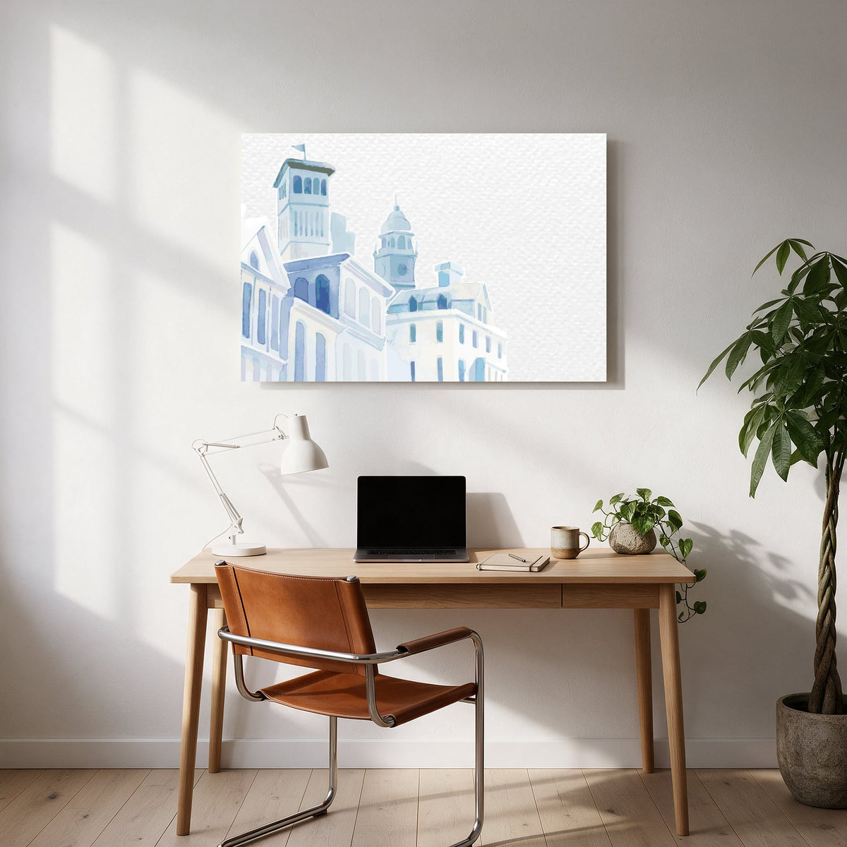 Blue Watercolor Buildings — office room landscape