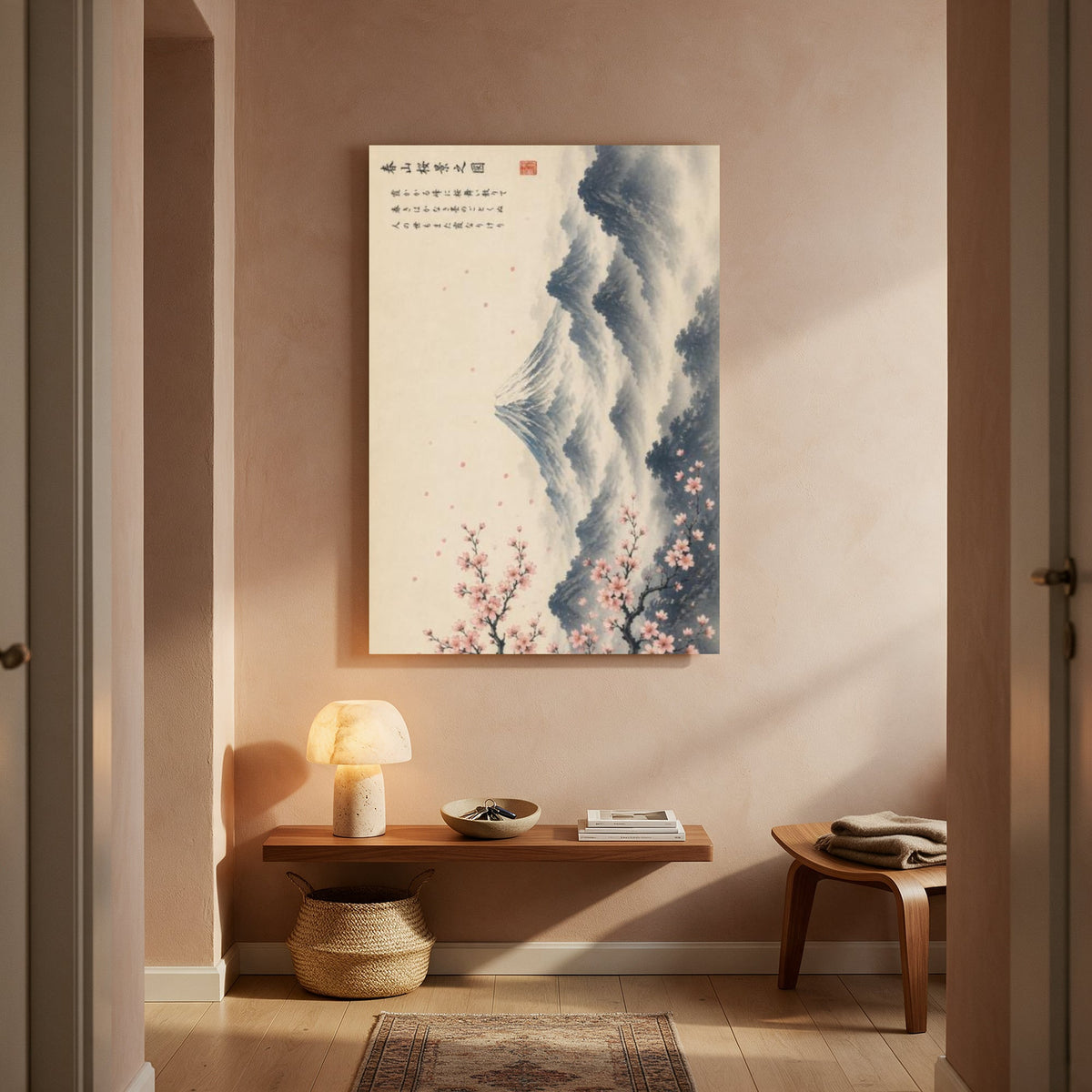 Ink Wash Fuji and Blossoms — Portrait Living Room- Final