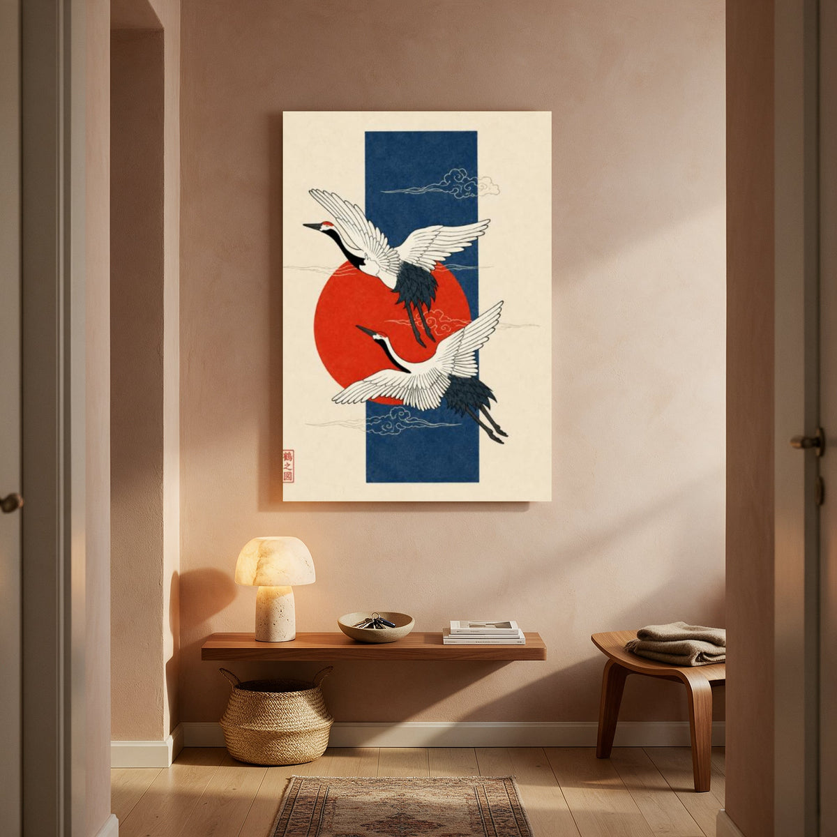 Cranes on Navy and Red Sun — Portrait Living Room- Final
