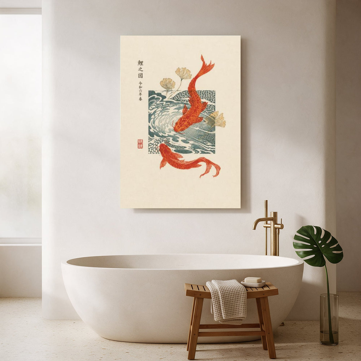 Koi in Blue Waves — Portrait Bathroom Final