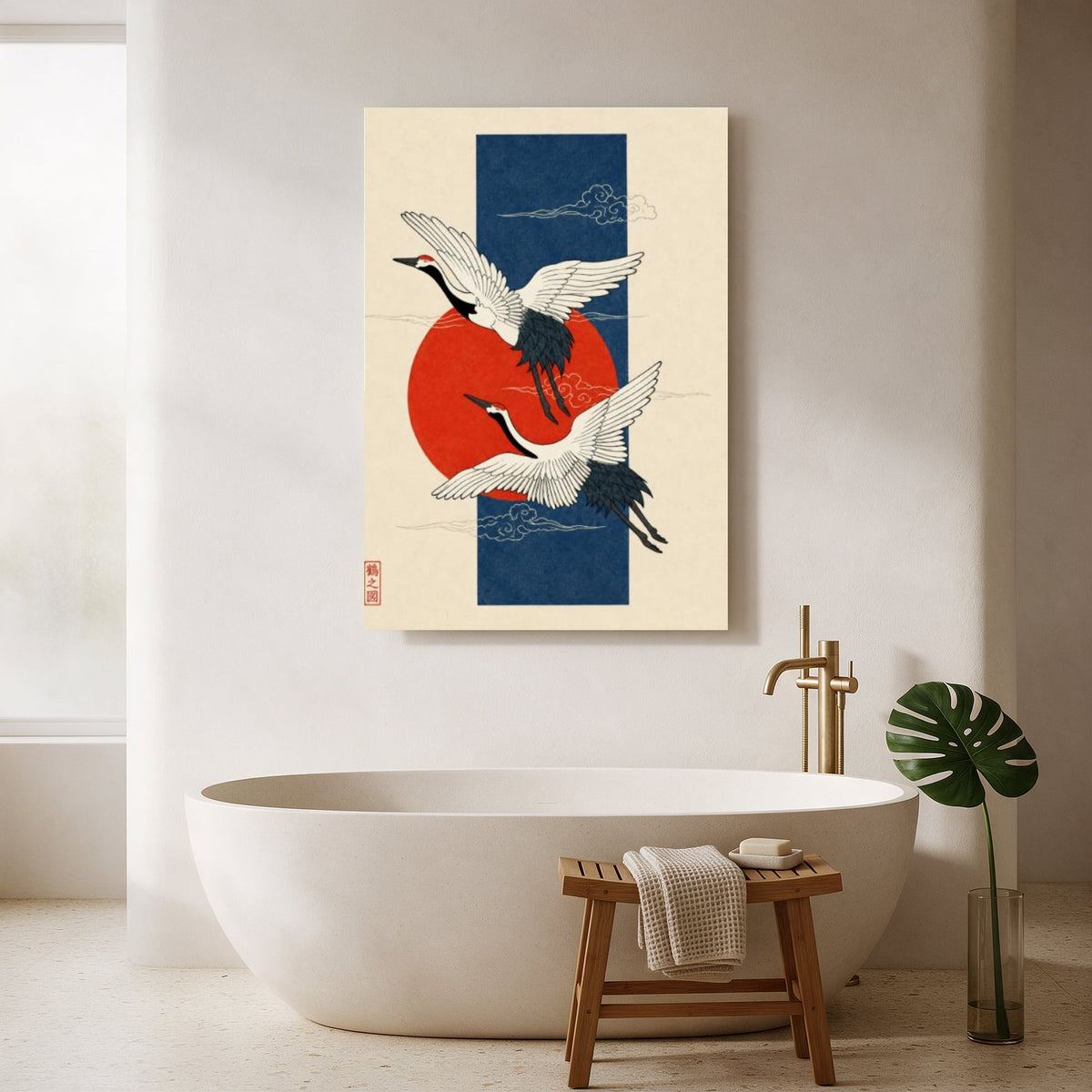 Cranes on Navy and Red Sun — Portrait Bathroom Final