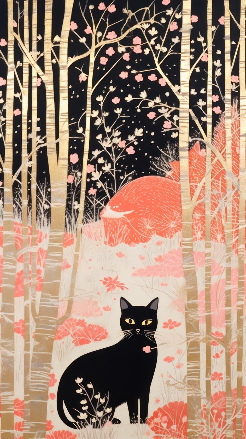 Black Cat in the Birch Forest