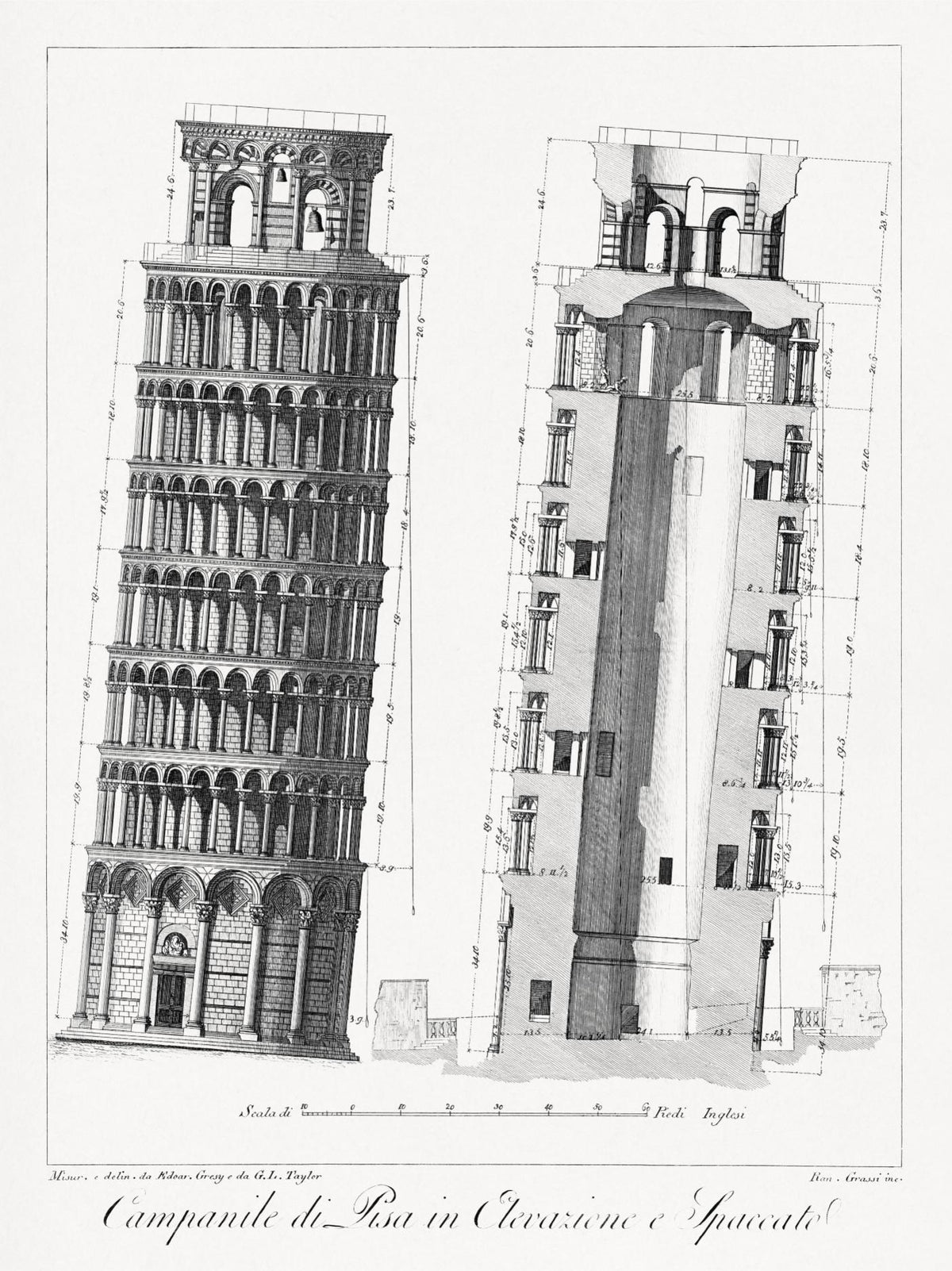 Tekening van de Scheve Toren van Pisa