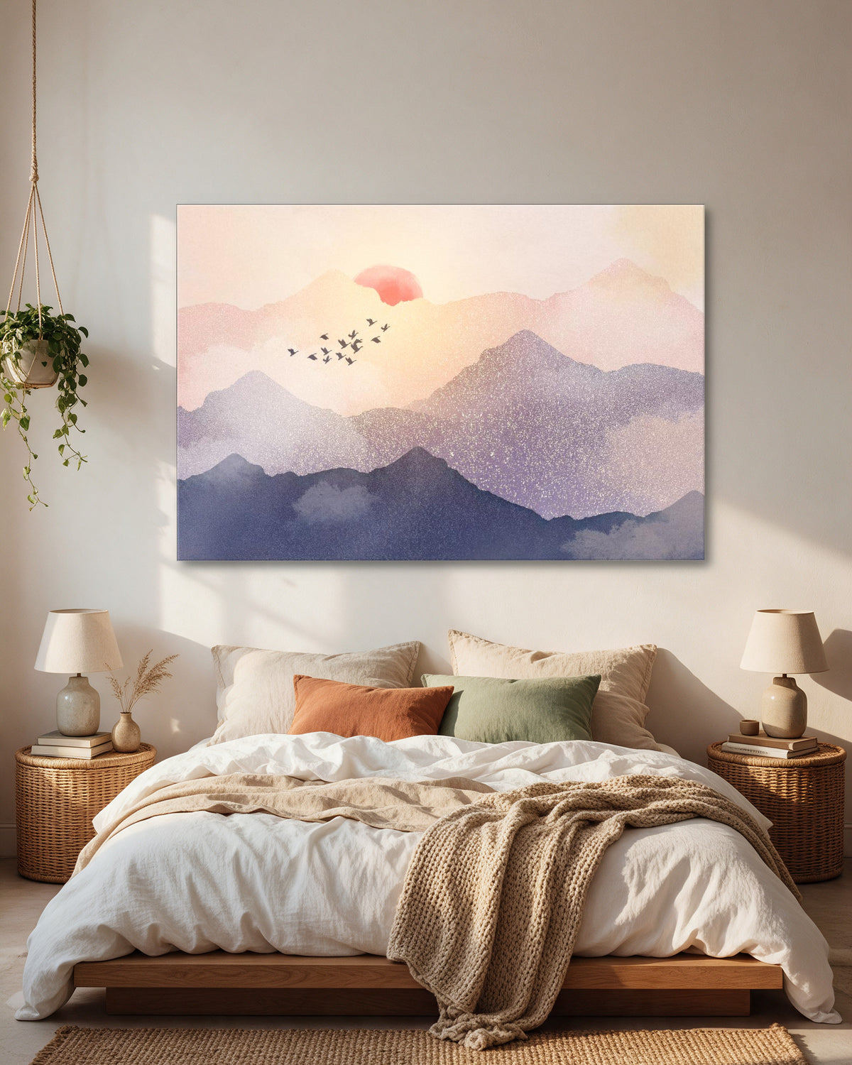 Acrylprint van een zonsopgang boven bergen in pasteltinten, hangend boven een bed in een rustige slaapkamer